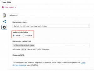 Select NoFollow in the Advanced Settings of Yoast